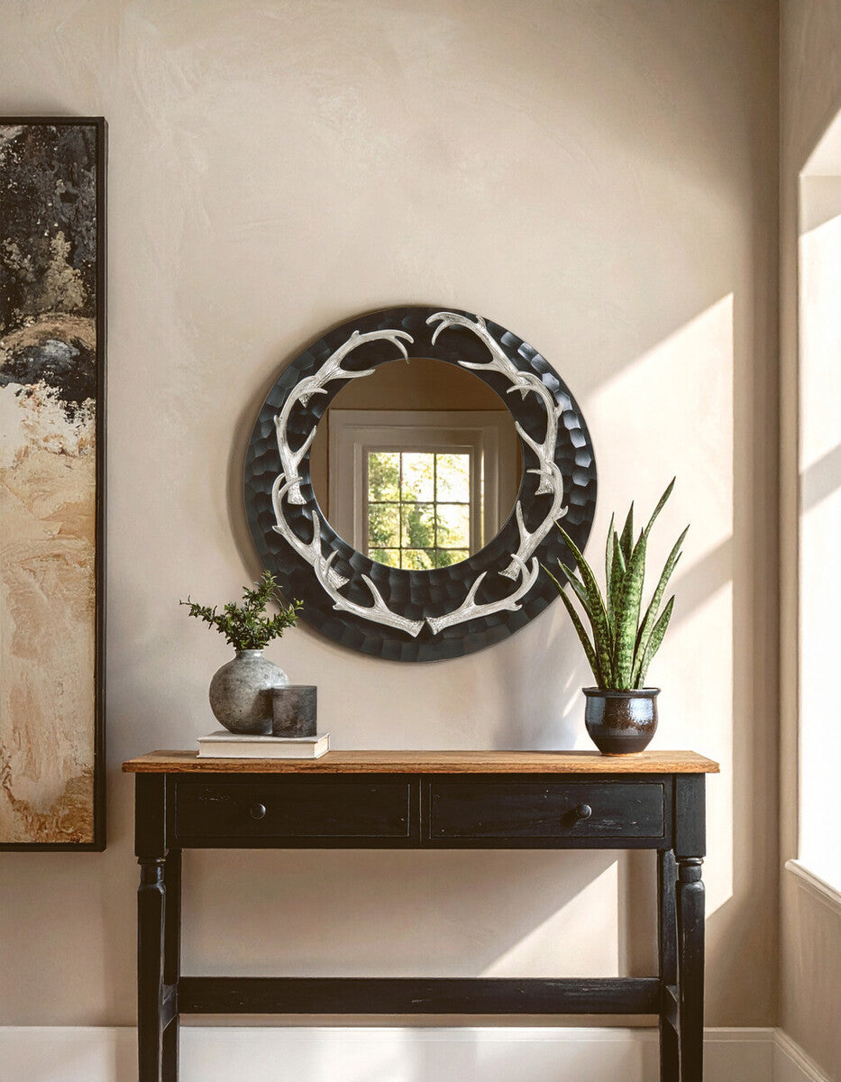 Brown and Nickel Metal Wall Mirror with Eight Antler Frame