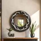 Brown and Nickel Metal Wall Mirror with Eight Antler Frame