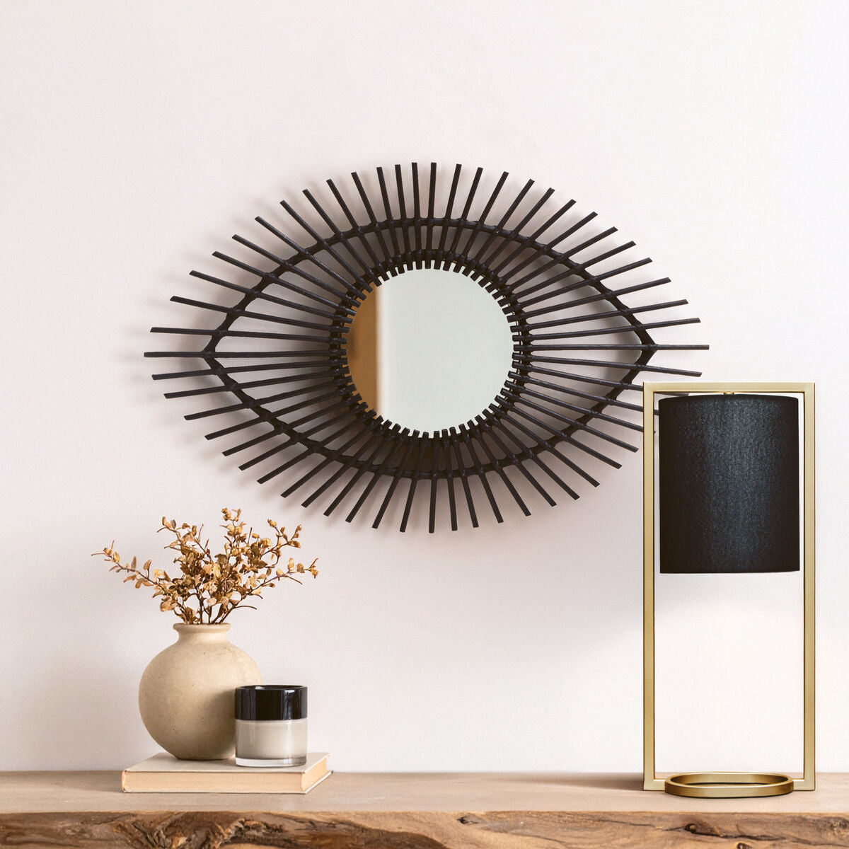 Black Natural Rattan Eye Shape Wall Mirror