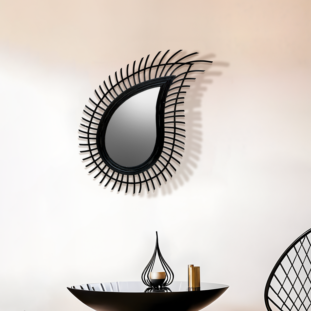Teardrop Black Natural Rattan Wall Mirror