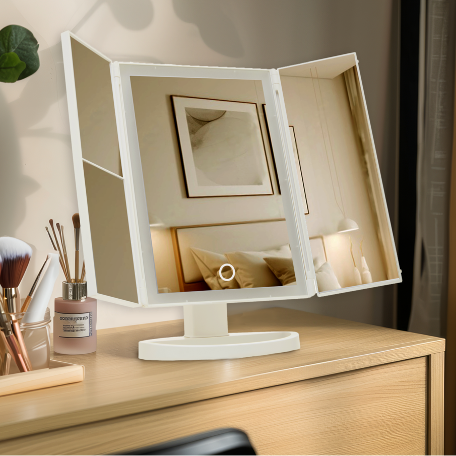 Tri Fold White LED Table Mirror