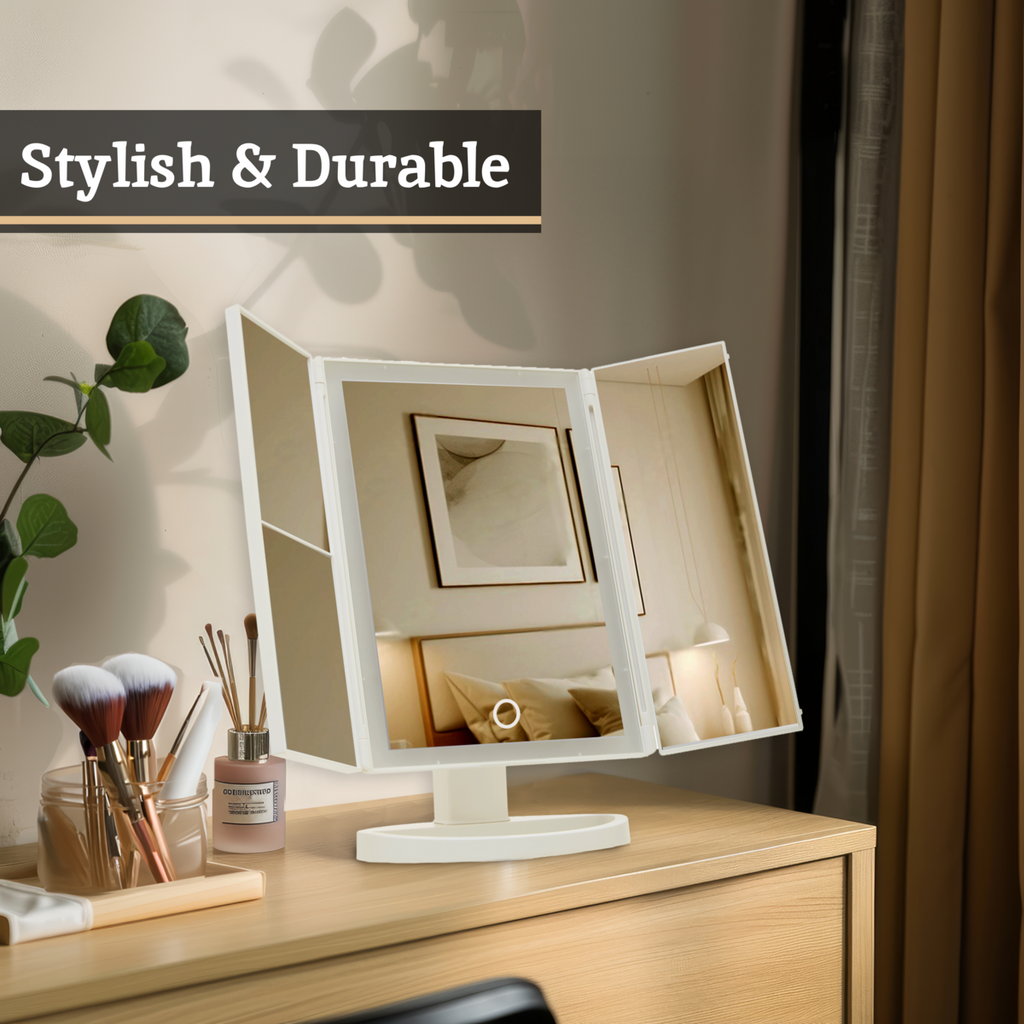Tri Fold White LED Table Mirror