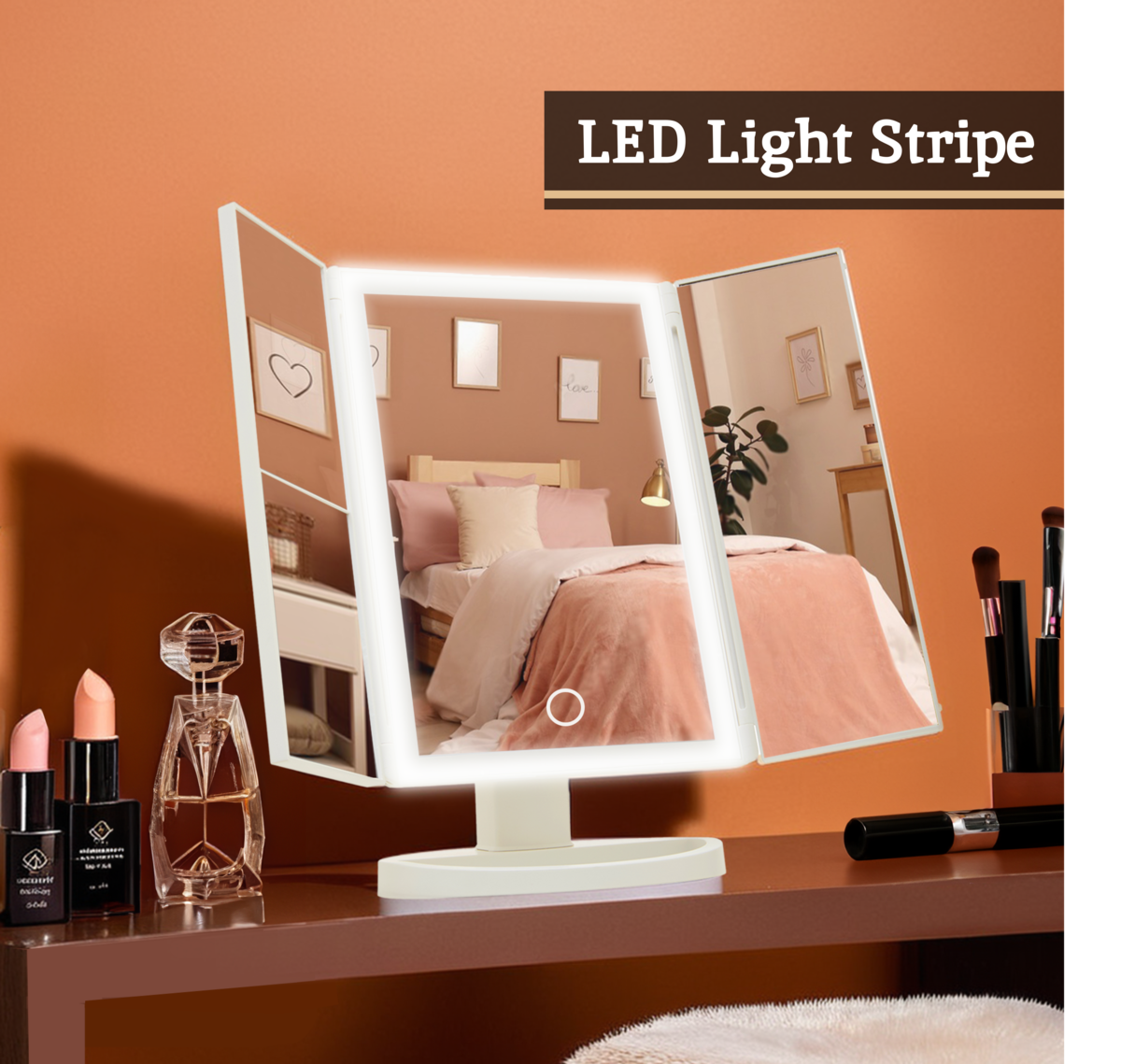 Tri Fold White LED Table Mirror