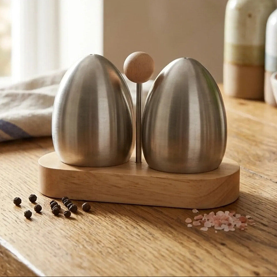 Stainless Steel and Rubberwood Salt Pepper Shakers