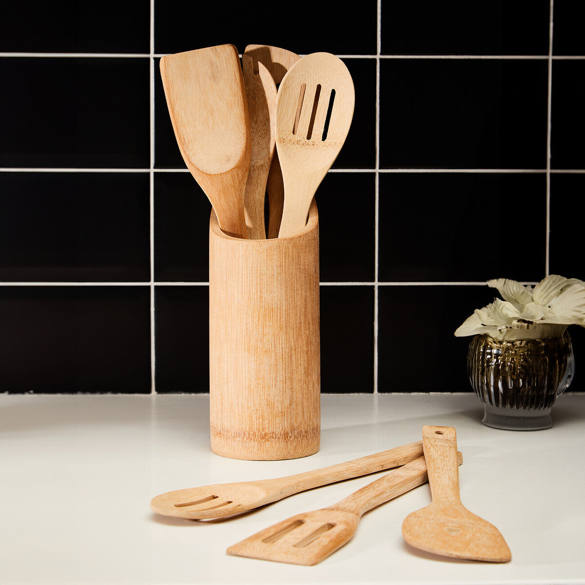 Aleki Natural Bamboo 6 Piece Kitchen Tool Set with Holder
