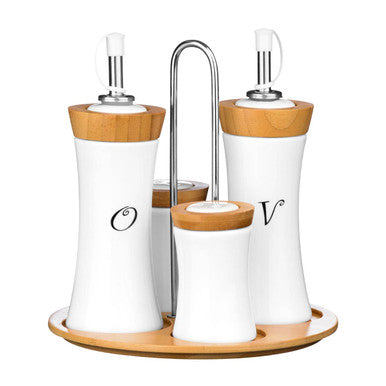 4 Piece Bamboo and Ceramic Condiment Set