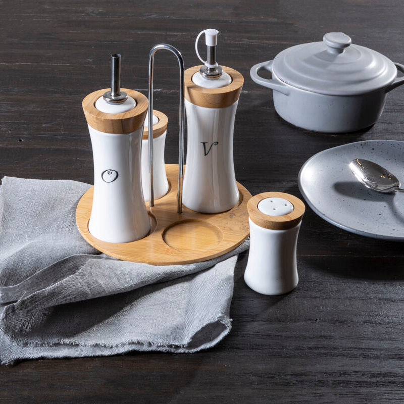 4 Piece Bamboo and Ceramic Condiment Set