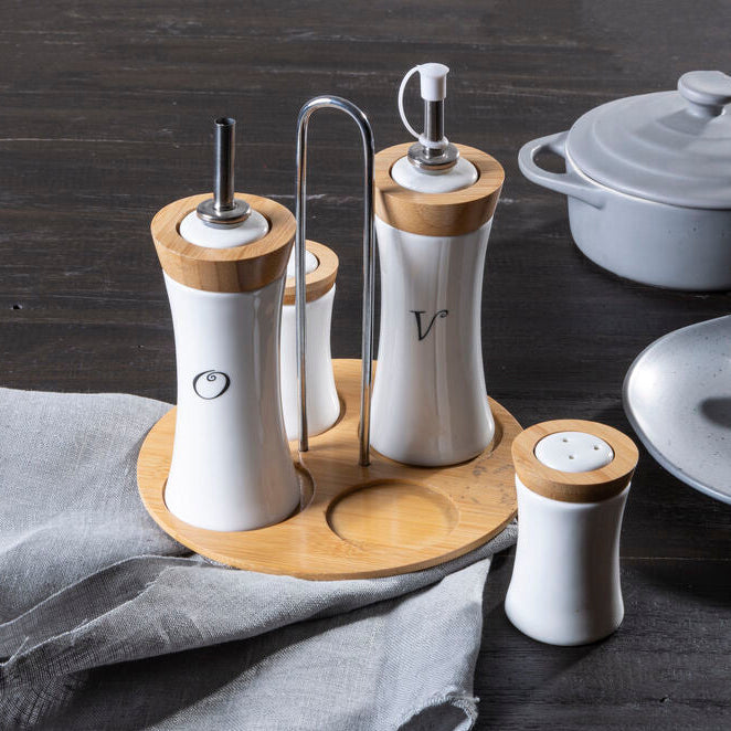 4 Piece Bamboo and Ceramic Condiment Set