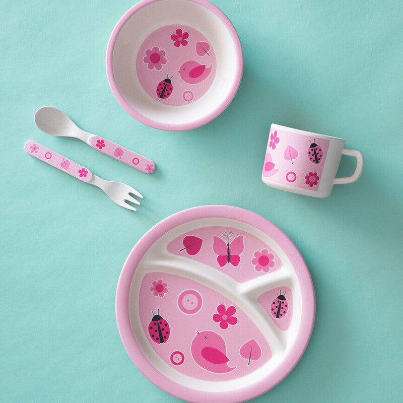 Kids 5 Piece Pink Bamboo Dinner Set