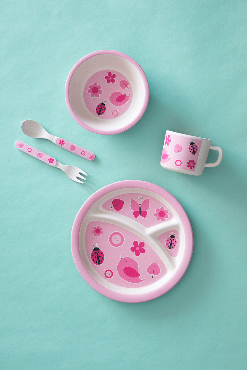 Kids 5 Piece Pink Bamboo Dinner Set