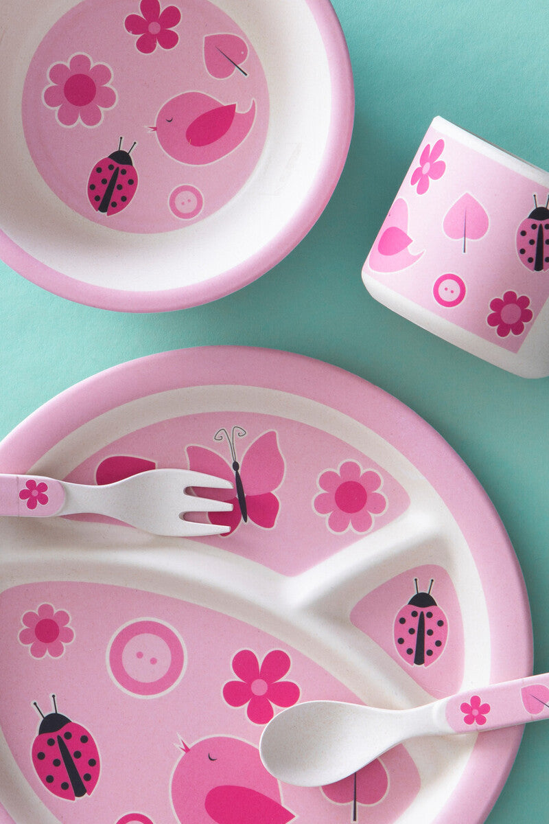 Kids 5 Piece Pink Bamboo Dinner Set