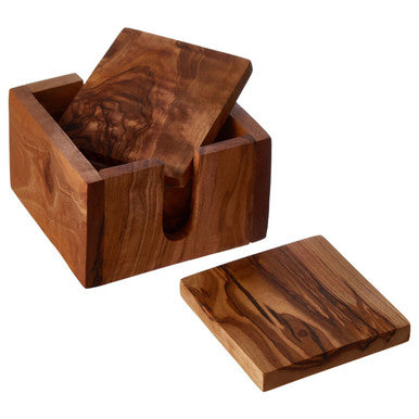 Set of 4 Olive Wood Square Coasters with Holder