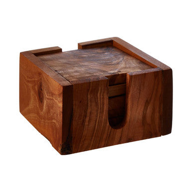 Set of 4 Olive Wood Square Coasters with Holder
