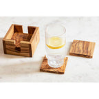 Set of 4 Olive Wood Square Coasters with Holder