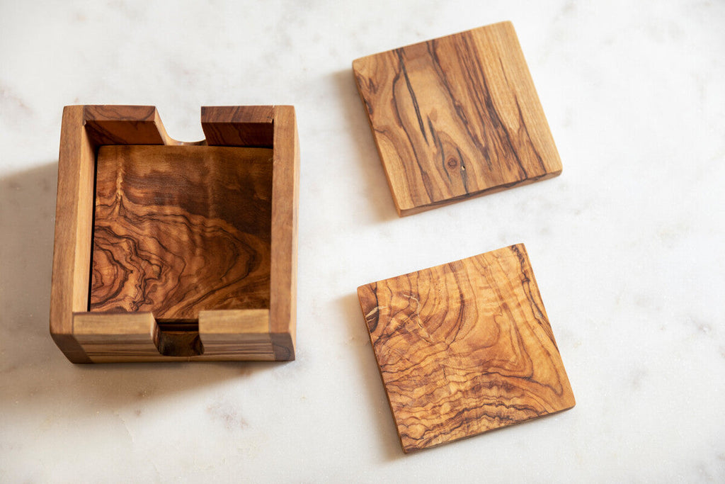 Set of 4 Olive Wood Square Coasters with Holder