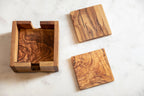 Set of 4 Olive Wood Square Coasters with Holder