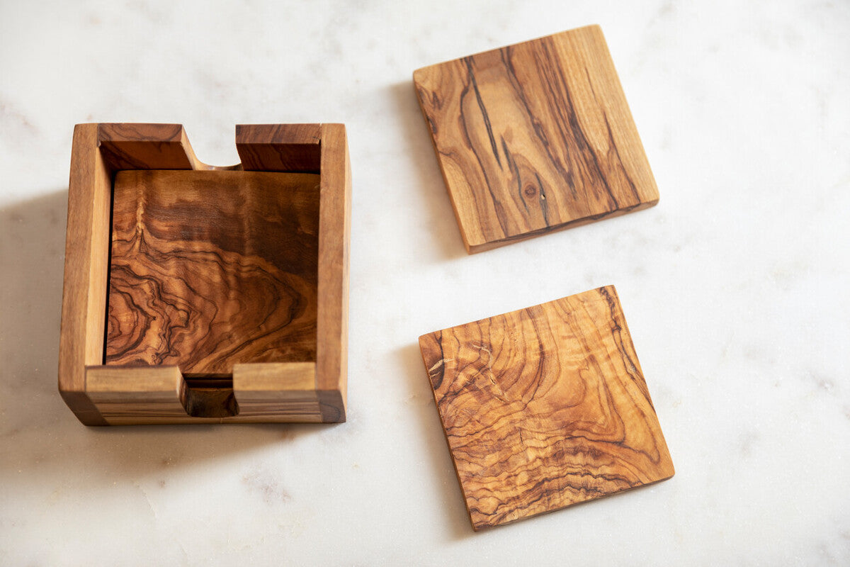 Set of 4 Olive Wood Square Coasters with Holder