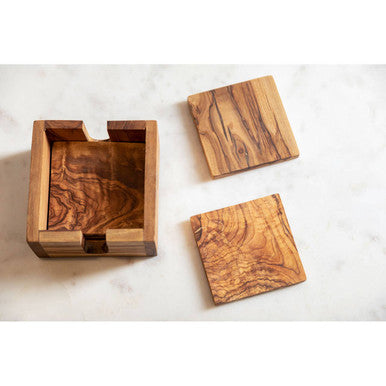 Set of 4 Olive Wood Square Coasters with Holder
