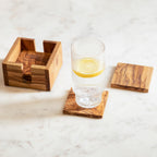 Set of 4 Olive Wood Square Coasters with Holder