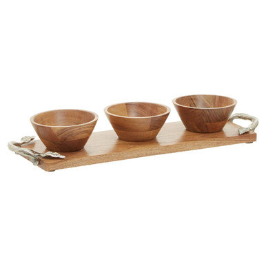 Acacia Wood Set of 3 Dip Bowls with Tray
