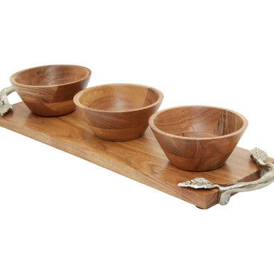 Acacia Wood Set of 3 Dip Bowls with Tray