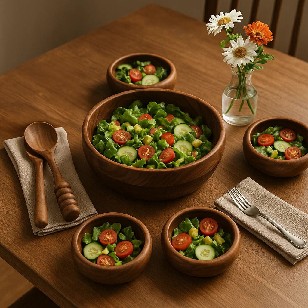 Five Piece Sheesham Wood Salad Bowl Set