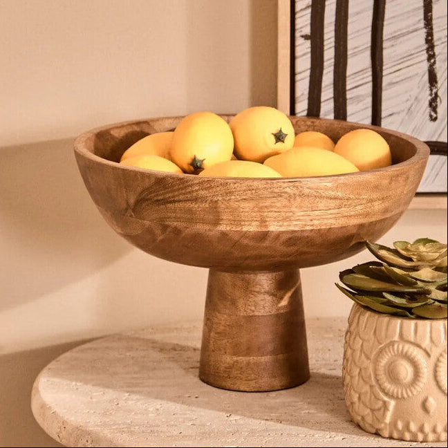 Mango Wood Serving or Fruit Bowl with Pedestal Base