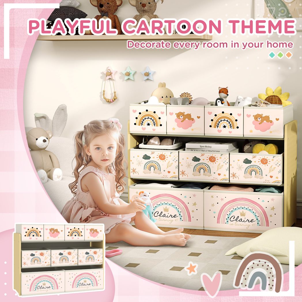 3-Tier Toy Organiser Shelf with 9 Storage Boxes for Bedroom
