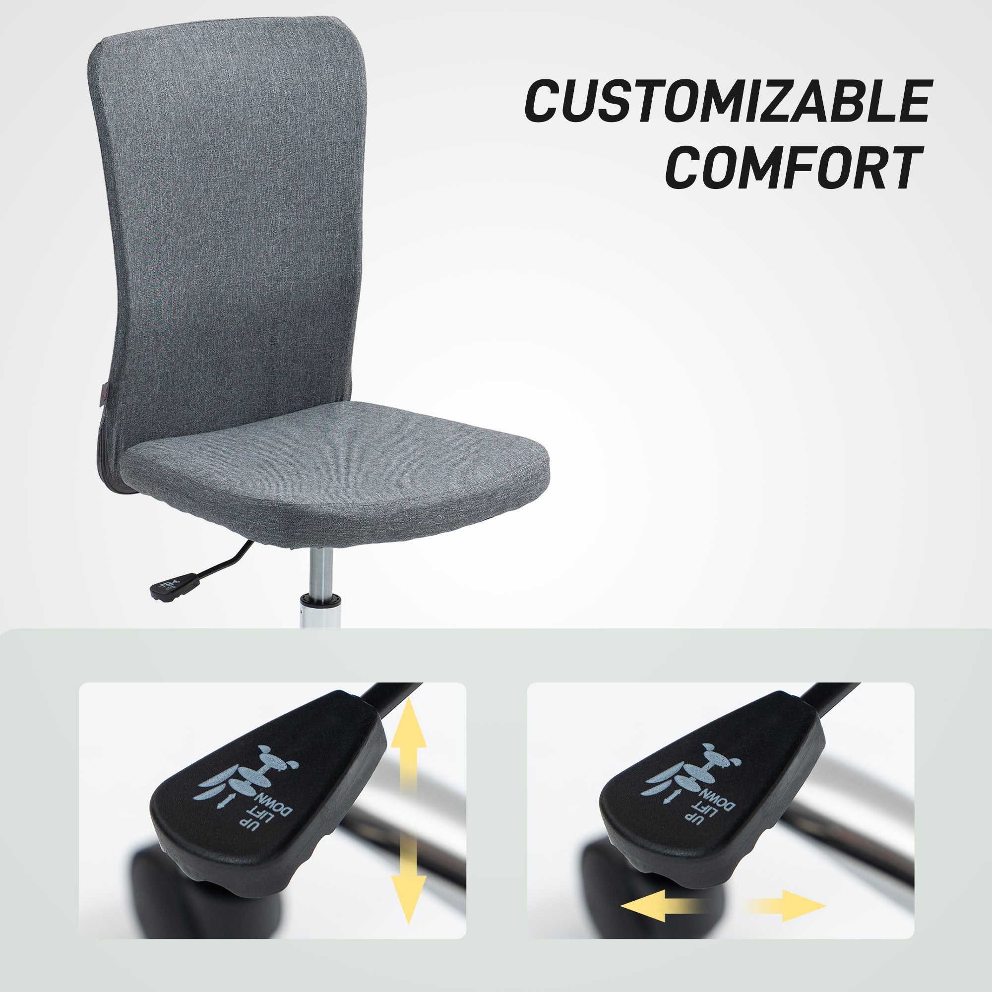 Armless Computer Desk Chair, Fabric Swivel Office Chair, Makeup Vanity Chair with Height Adjustable, Wheels, for Home Study Bedroom, Grey