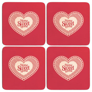 Set of Four Red Cork Coasters with Heart Design