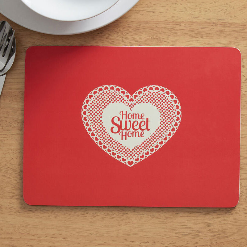 Set of Four Red Cork Placemats with Heart Design