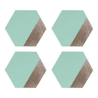 Set of 4 Leather Effect Dipped Jade and Silver Hexagon Placements