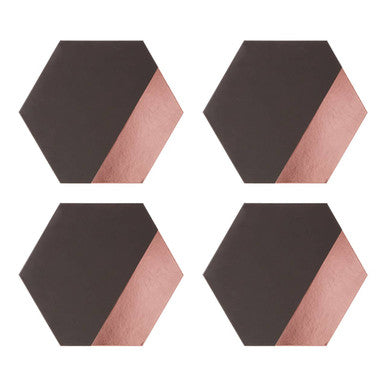 Set of 4 Leather Effect Grey and Rose Gold Hexagon Placements