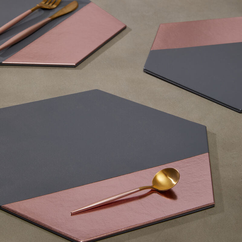 Set of 4 Leather Effect Grey and Rose Gold Hexagon Placements