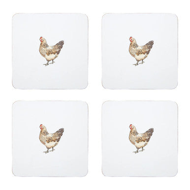 Set of Four Cork Coasters with Hen Illustration
