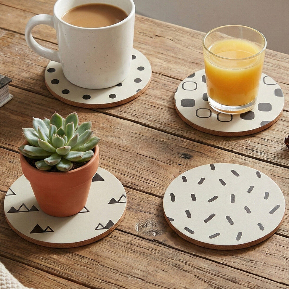 Set of 4 Monochrome Eclectic Cork Coasters