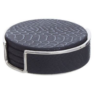 Set of 4 Black Leather-Effect Coasters with Holder