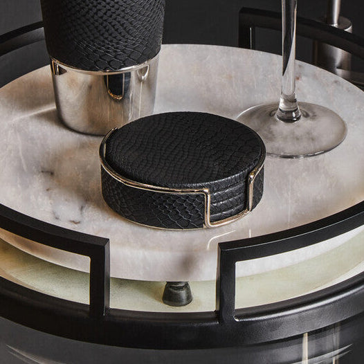 Set of 4 Black Leather-Effect Coasters with Holder