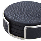Set of 4 Black Leather-Effect Coasters with Holder
