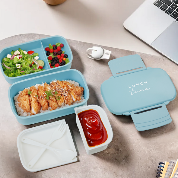 Light Blue Lunch Box with Cutlery