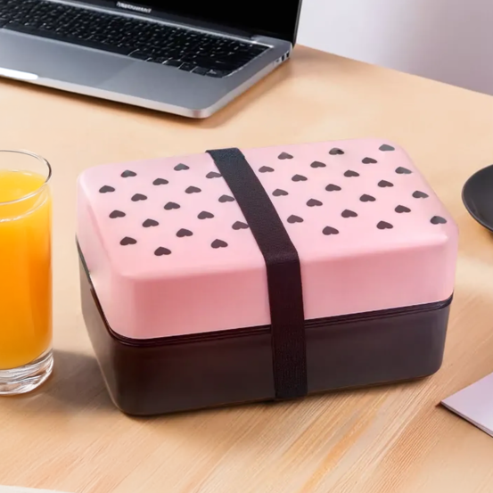 Light Pink Hearts Lunch Box with Cutlery
