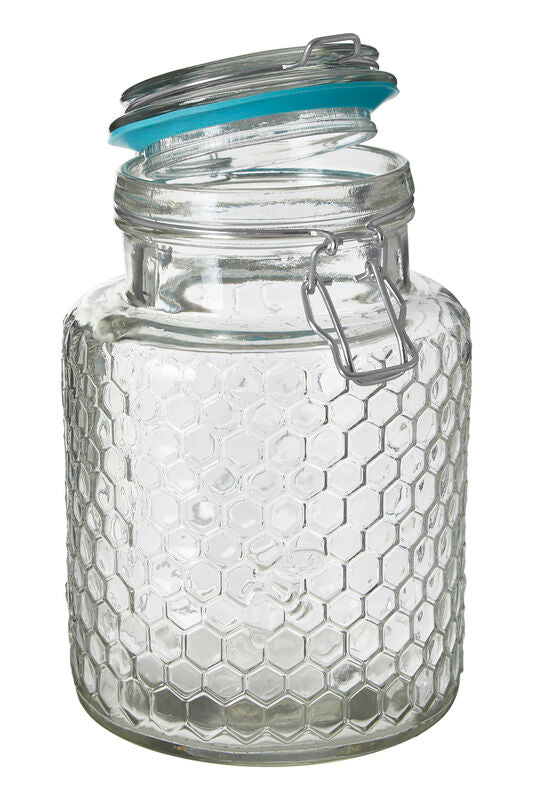 Clear Glass Honeycomb Clip Top Jar with Blue Seal 1300ml