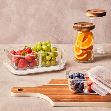 2 Section Rectangular Glass Container with Lid 640 Ml