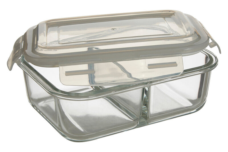 2 Section Rectangular Glass Container with Lid 1040 Ml