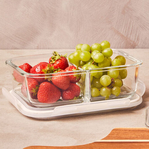 2 Section Rectangular Glass Container with Lid 1040 Ml