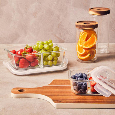 2 Section Rectangular Glass Container with Lid 1040 Ml