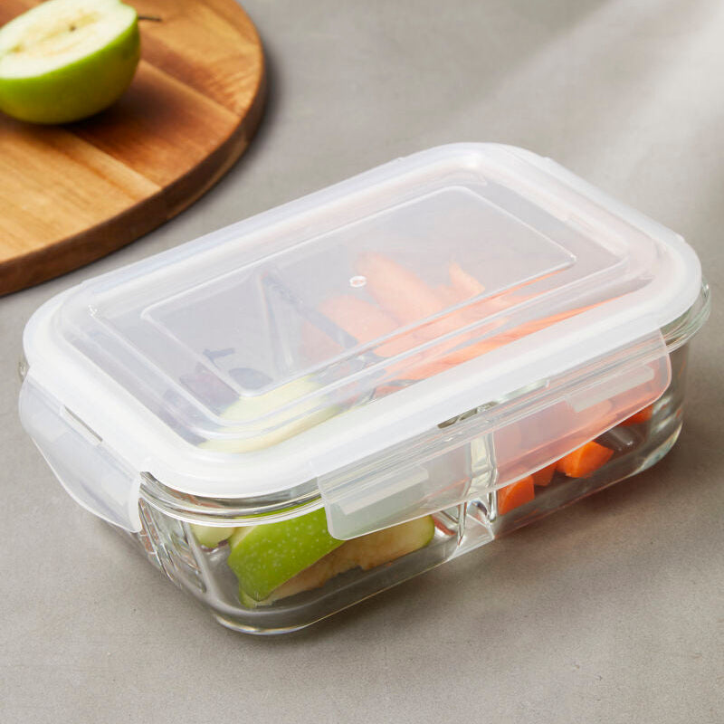 3 Section Rectangular Glass Container with Lid 1040 Ml