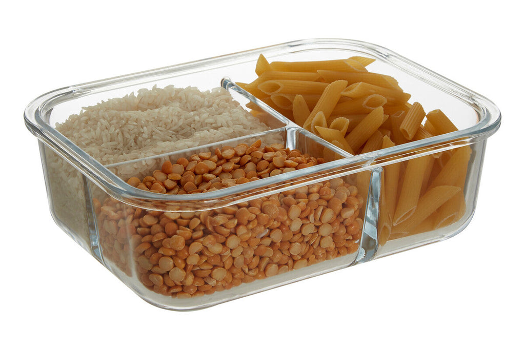 3 Section Rectangular Glass Container with Lid 1520 Ml
