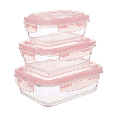 Set of 3 Rectangular Glass Containers with Pink Lids