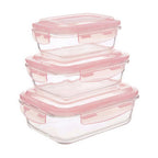 Set of 3 Rectangular Glass Containers with Pink Lids